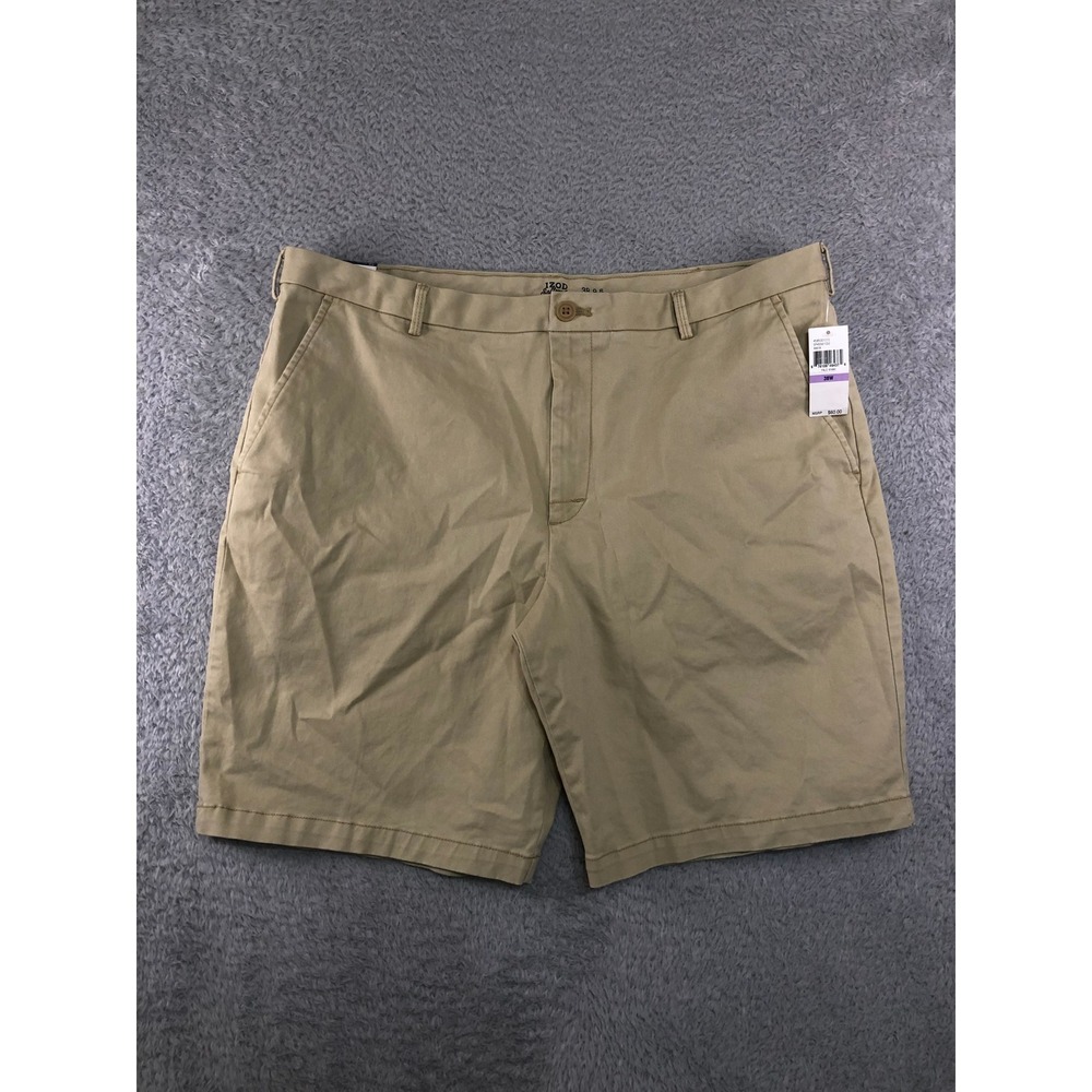 IZOD Shorts Men 38x9.5 Khaki NWT Relaxed Classic Flat Front Stretch Chino